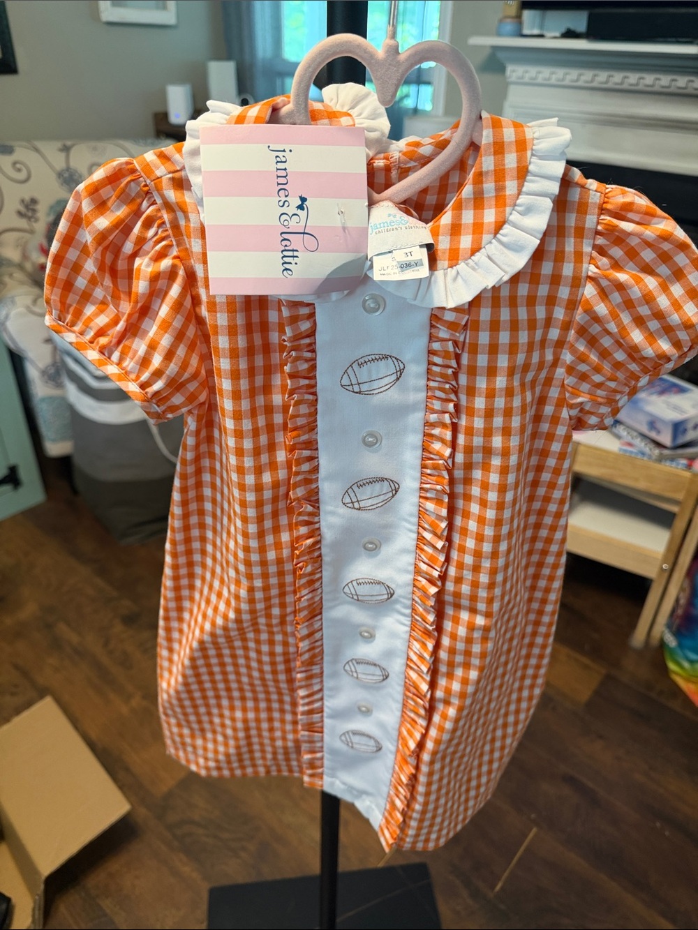 James & Lottie Tennessee Orange Gingham Ruffle Football Dress NWT